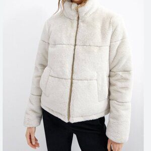 Zara Soft Faux Fur Zip Jacket High Collar Cream White Size Small
